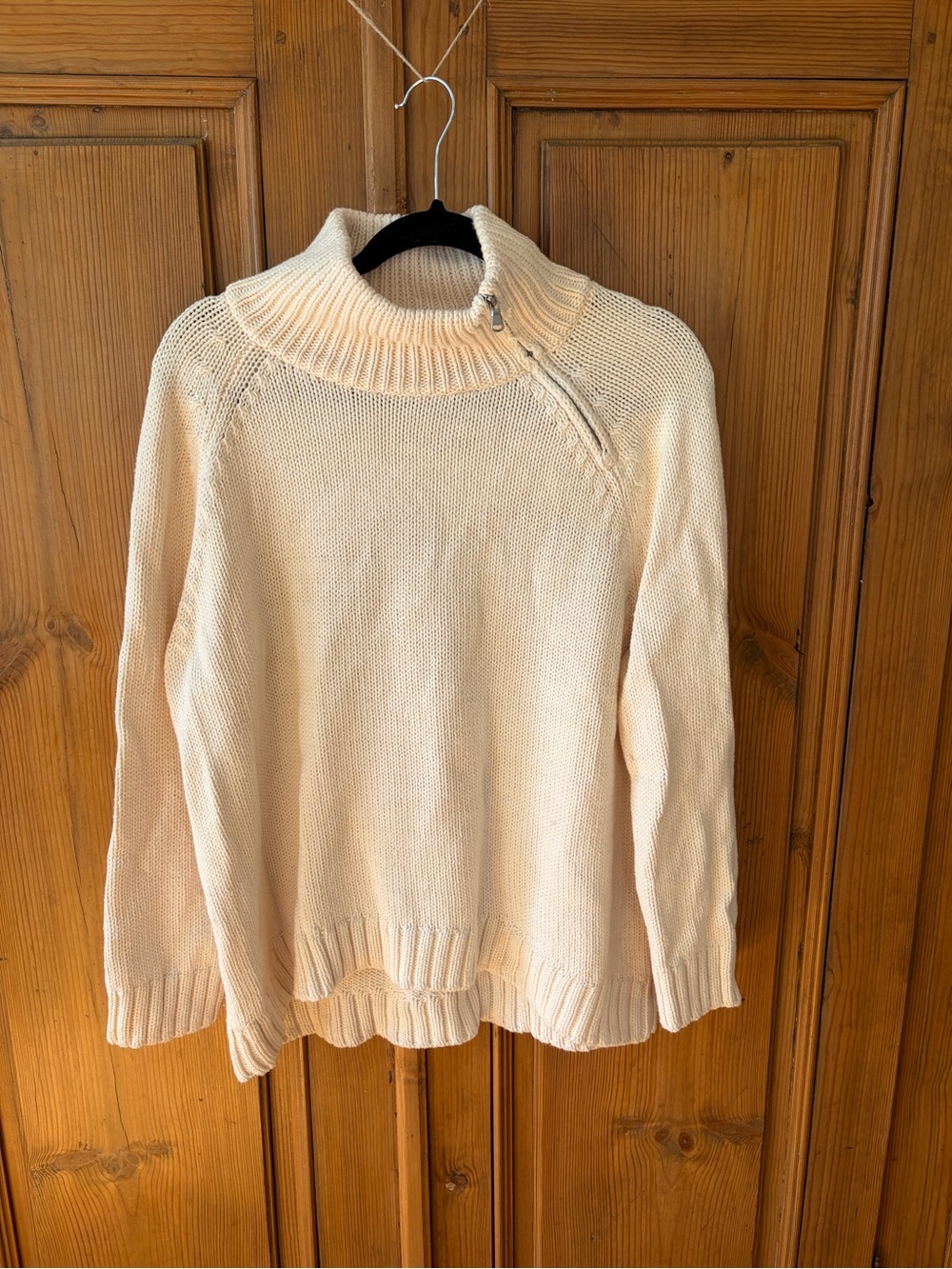 Lisa Todd Cream Funnel Neck Sweater with Large Red Heart with Asymmetrical Zip